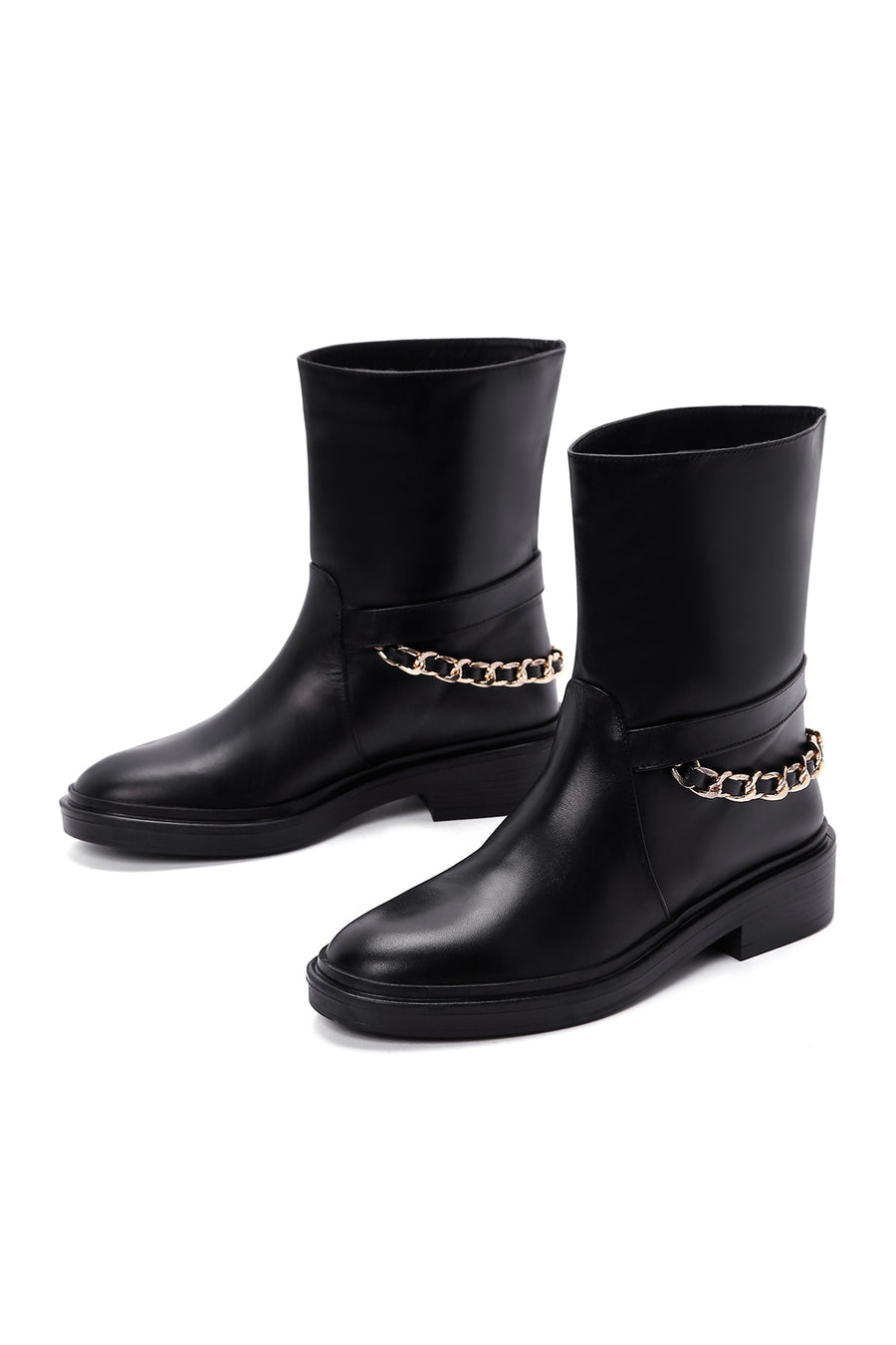 Women's Black Leather Chain Boots