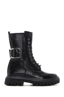 Women's Black Leather Buckle Zippered Boots | Derimod