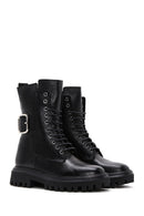 Women's Black Leather Buckle Zippered Boots | Derimod