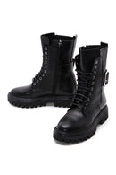 Women's Black Leather Buckle Zippered Boots | Derimod
