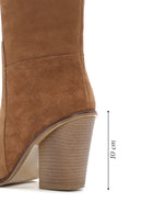 Women's Tan Thick Heeled Suede Cowboy Boots | Derimod