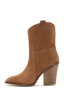 Women's Tan Thick Heeled Suede Cowboy Boots | Derimod