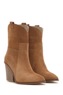 Women's Tan Thick Heeled Suede Cowboy Boots | Derimod