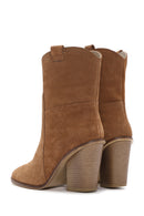 Women's Tan Thick Heeled Suede Cowboy Boots | Derimod