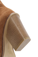 Women's Tan Thick Heeled Suede Cowboy Boots | Derimod