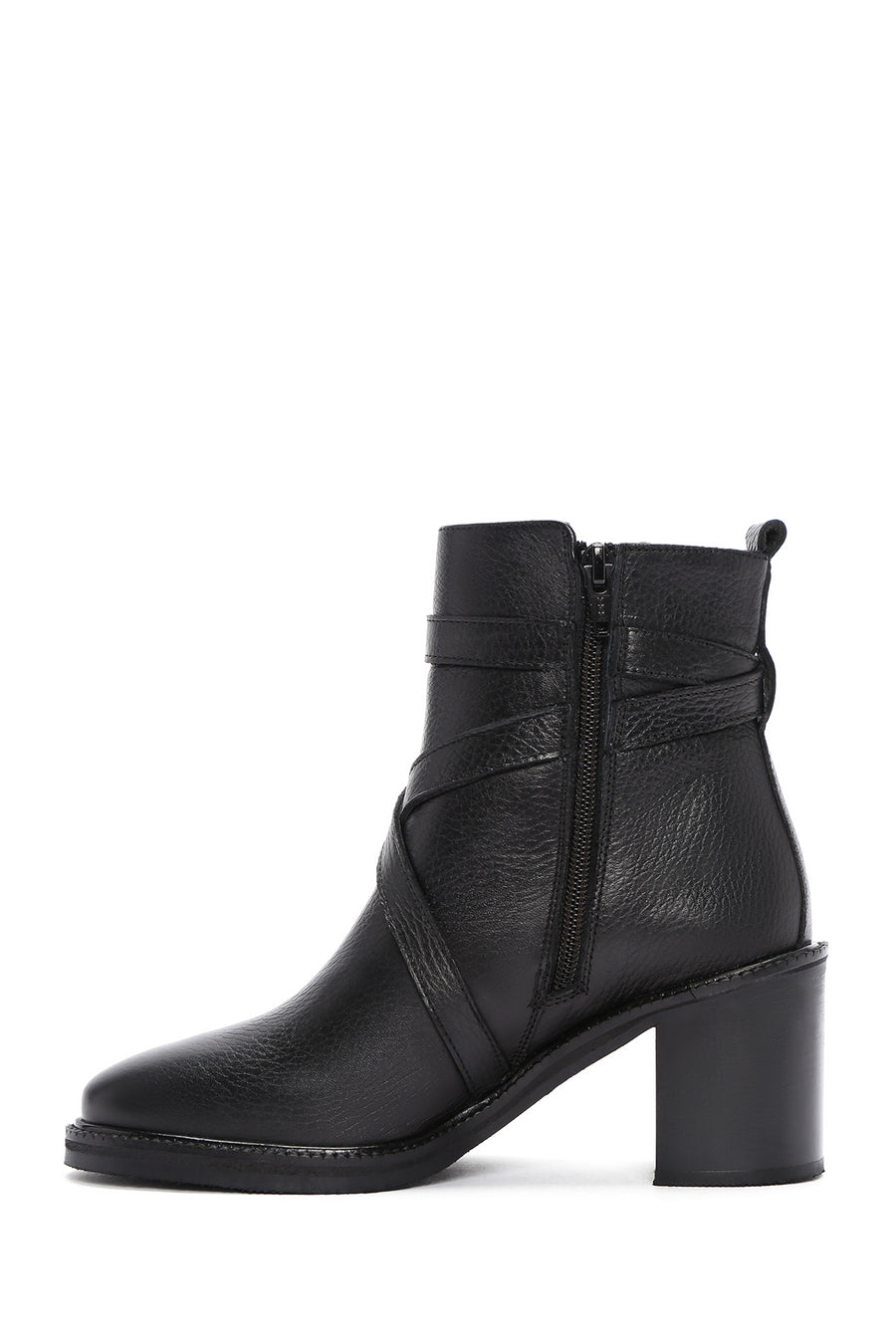 Women's Black Thick Heeled Leather Zipper Boots
