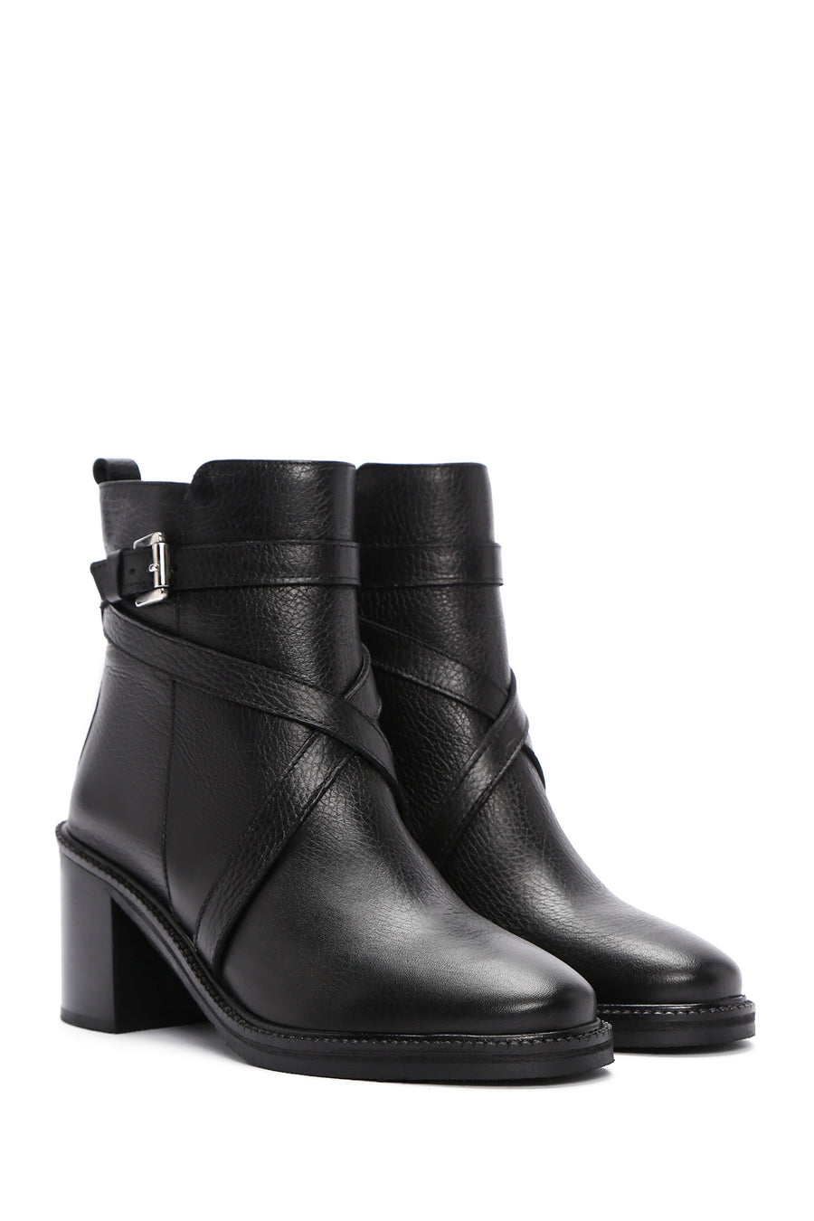Women's Black Thick Heeled Leather Zipper Boots