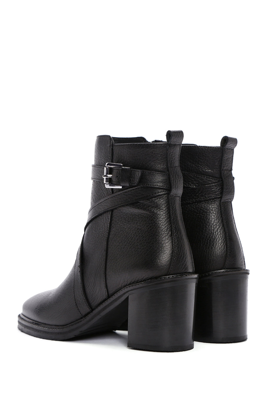 Women's Black Thick Heeled Leather Zipper Boots
