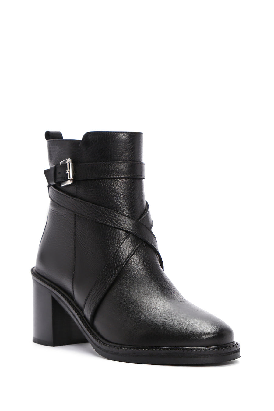 Women's Black Thick Heeled Leather Zipper Boots