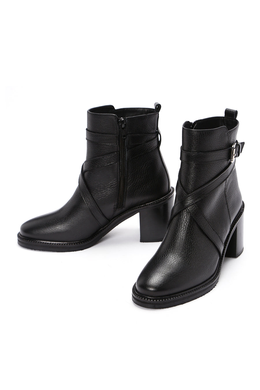 Women's Black Thick Heeled Leather Zipper Boots