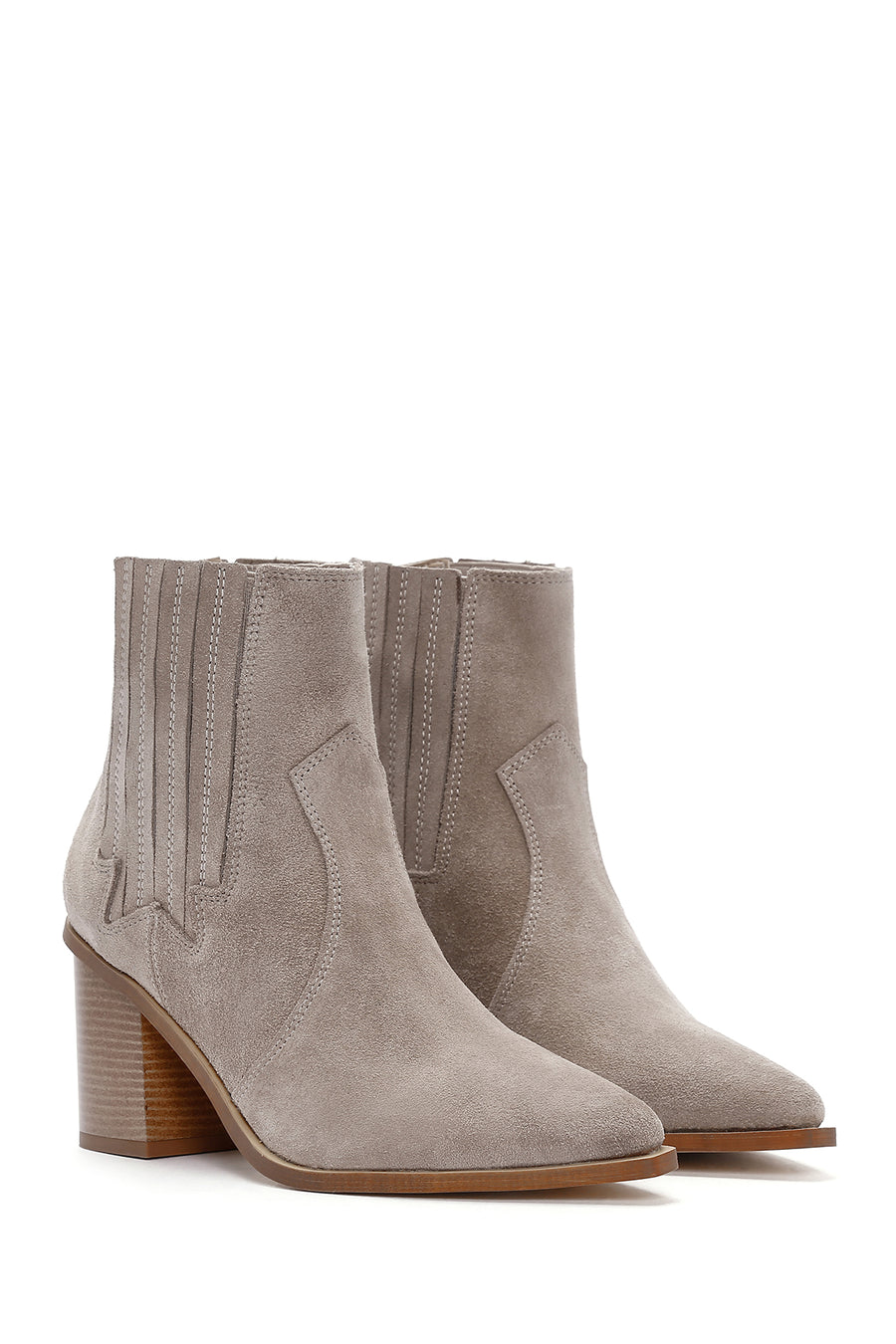 Women's Beige Suede Leather Heeled Cowboy Boots