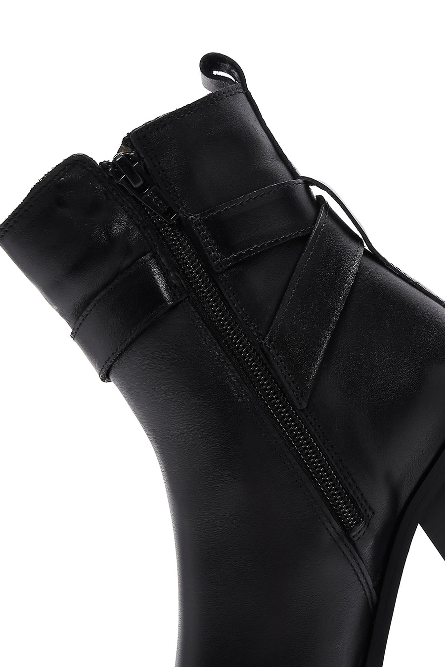 Women's Black Leather Heeled Buckle Boots