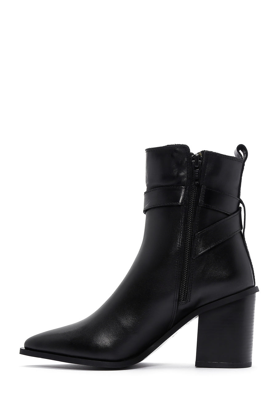 Women's Black Leather Heeled Buckle Boots