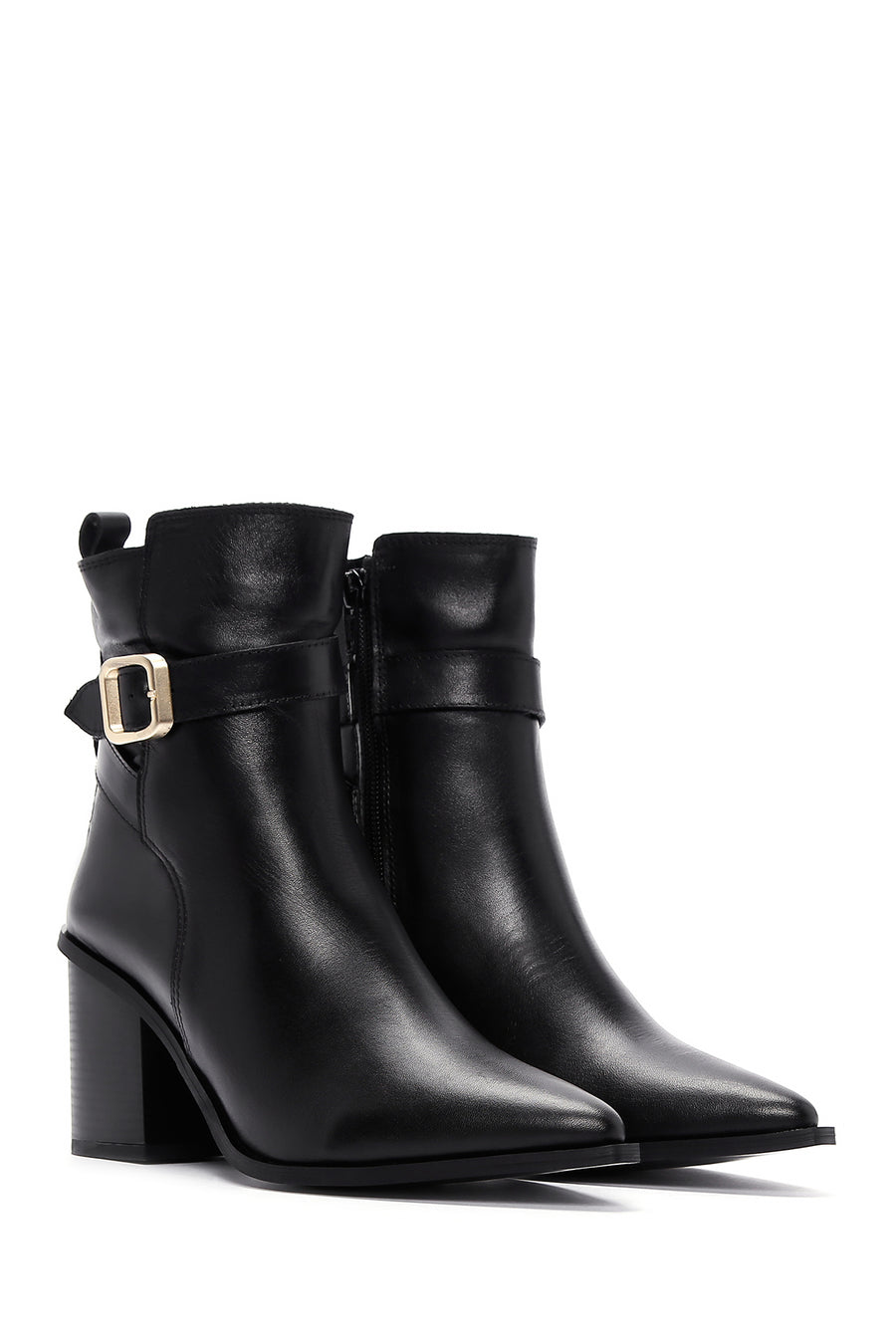 Women's Black Leather Heeled Buckle Boots