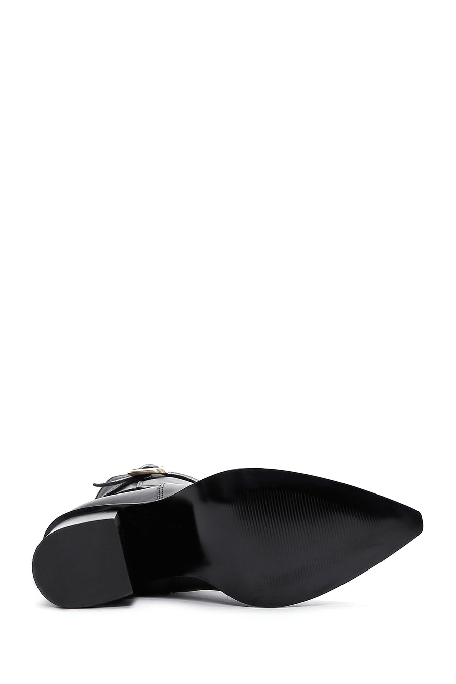Women's Black Leather Heeled Buckle Boots