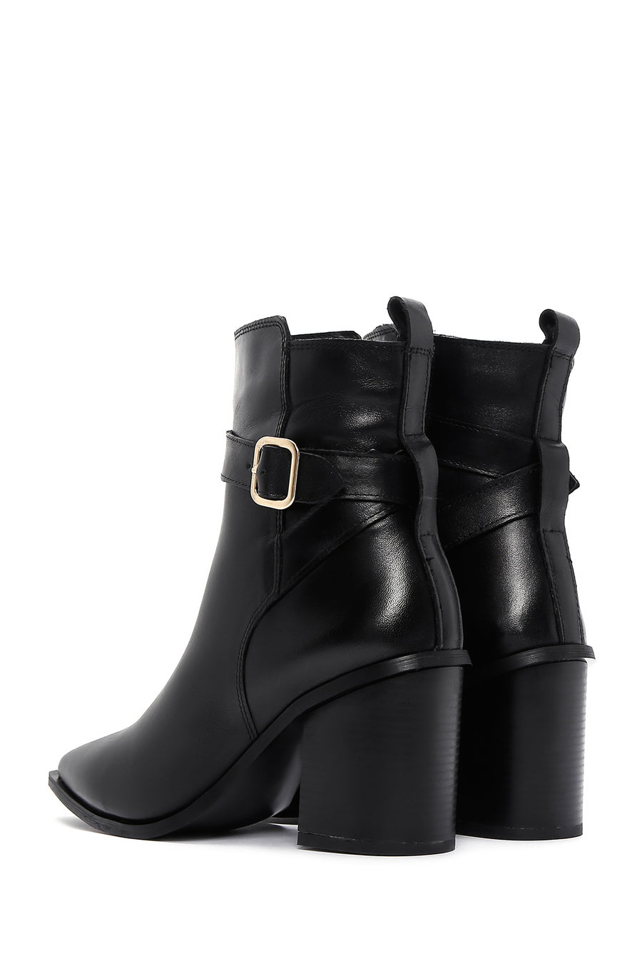 Women's Black Leather Heeled Buckle Boots