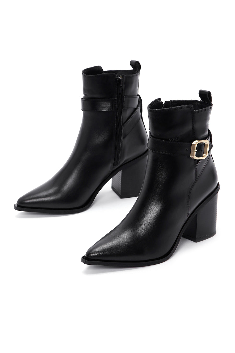Women's Black Leather Heeled Buckle Boots
