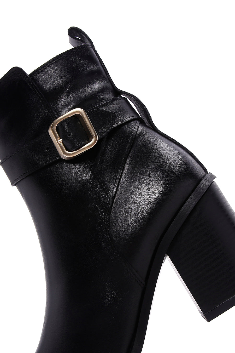 Women's Black Leather Heeled Buckle Boots
