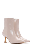 Women's Beige Patent Leather Thin Heeled Boots | Derimod