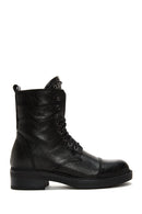 Women's Black Leather Zippered Stone Flat Boots | Derimod