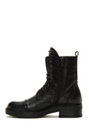 Women's Black Leather Zippered Stone Flat Boots | Derimod