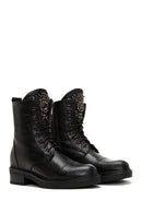 Women's Black Leather Zippered Stone Flat Boots | Derimod