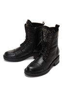 Women's Black Leather Zippered Stone Flat Boots | Derimod
