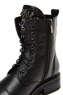 Women's Black Leather Zippered Stone Flat Boots | Derimod