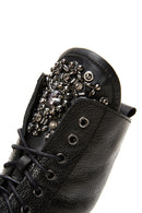 Women's Black Leather Zippered Stone Flat Boots | Derimod