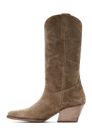 Kadın Camel Süet Deri Kovboy Western Topuklu Çizme | Derimod