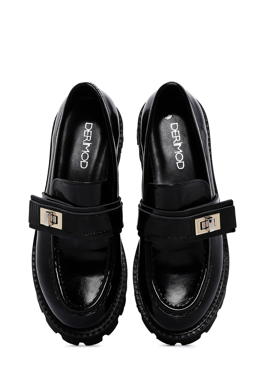 Kadın Siyah Deri Kalın Tabanlı Rugan Casual Loafer