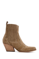 Women's Beige Suede Leather Heeled Cowboy Western Boots | Derimod