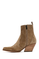 Women's Beige Suede Leather Heeled Cowboy Western Boots | Derimod