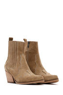 Women's Beige Suede Leather Heeled Cowboy Western Boots | Derimod