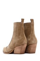 Women's Beige Suede Leather Heeled Cowboy Western Boots | Derimod