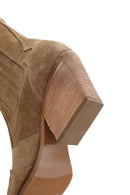 Women's Beige Suede Leather Heeled Cowboy Western Boots | Derimod
