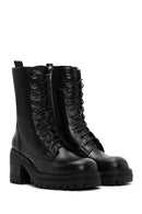 Women's Black Leather Heeled Zippered Boots | Derimod