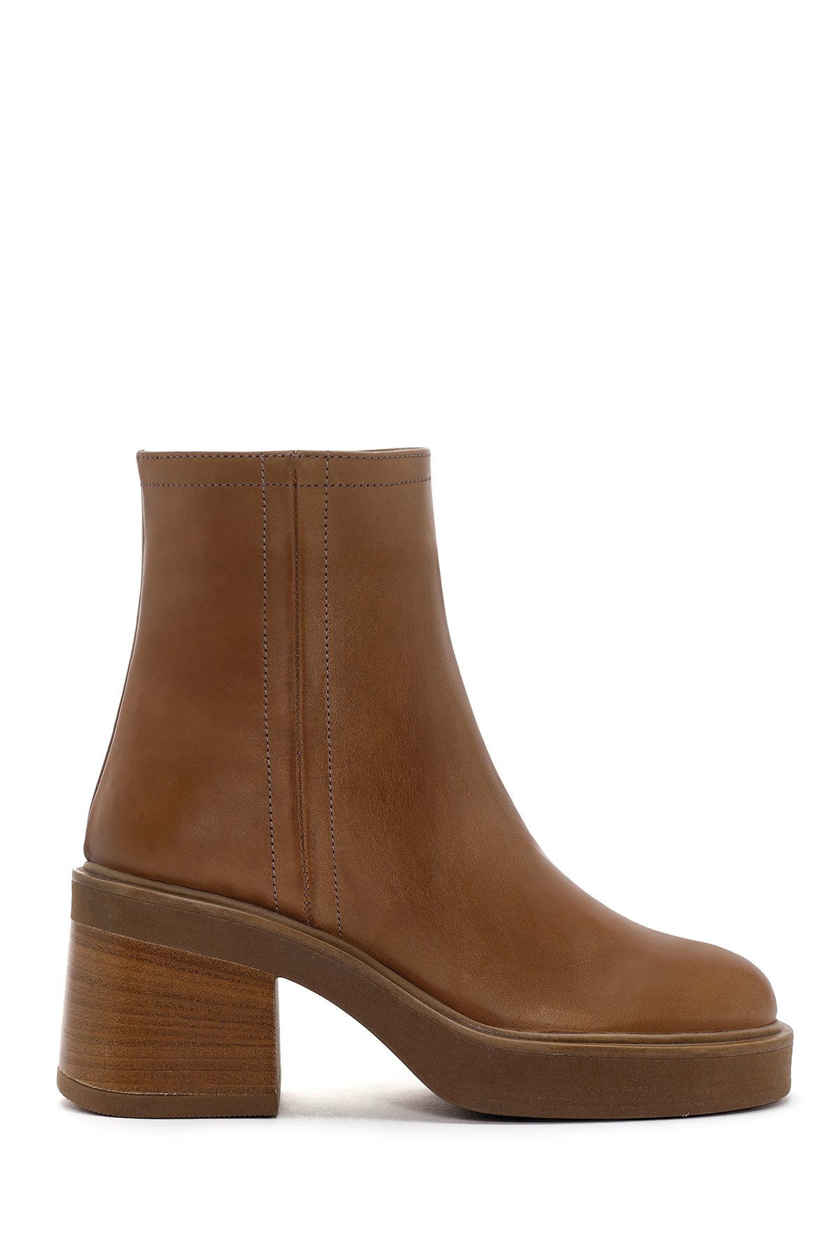 Women's Tan Zippered Thick Heeled Leather Boots 23WFD192418 | Derimod