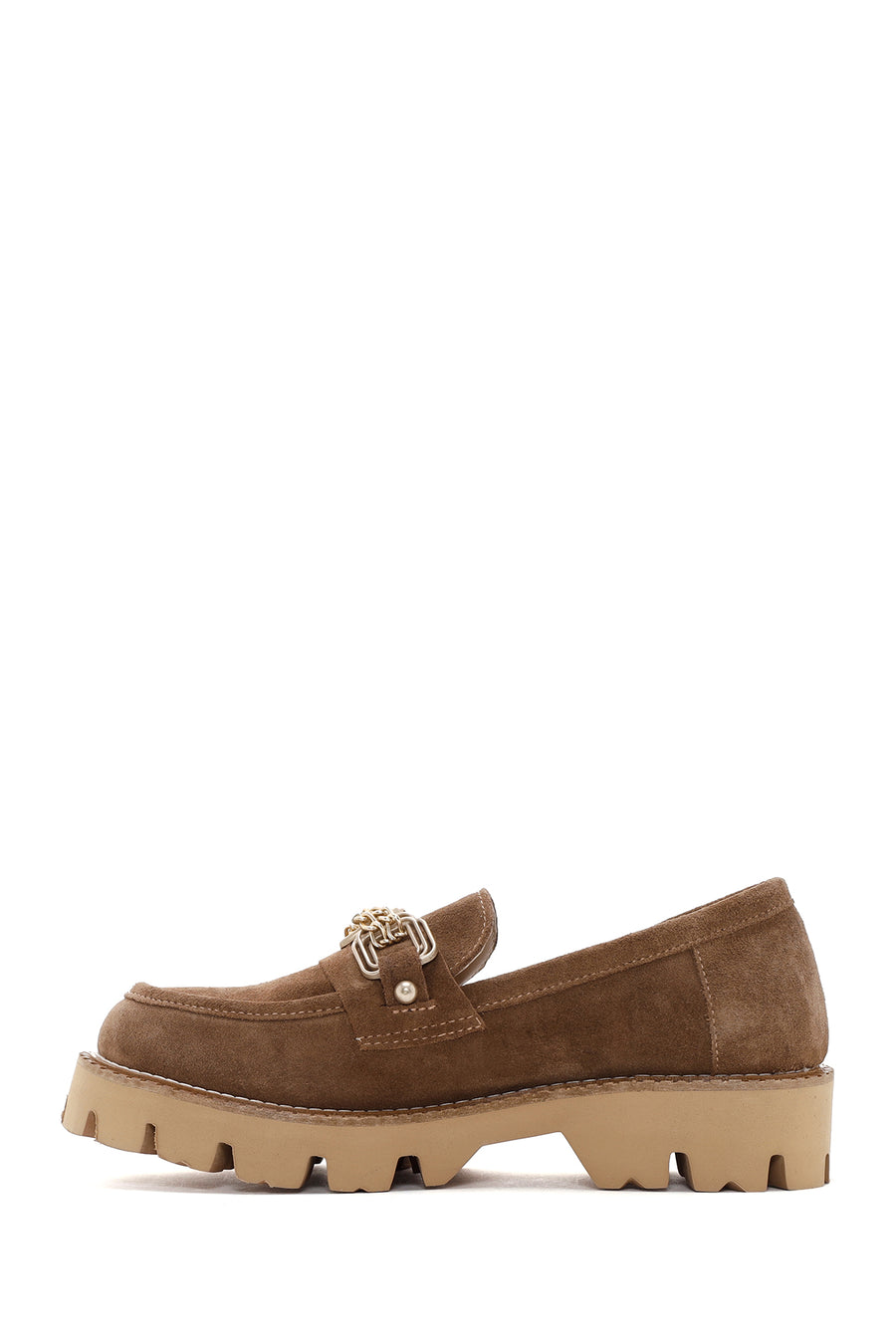 Kadın Taba Süet Deri Tokalı Maskülen Loafer