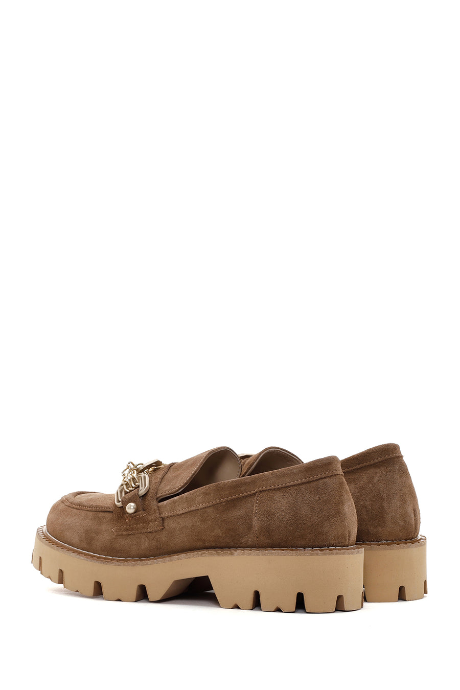 Kadın Taba Süet Deri Tokalı Maskülen Loafer