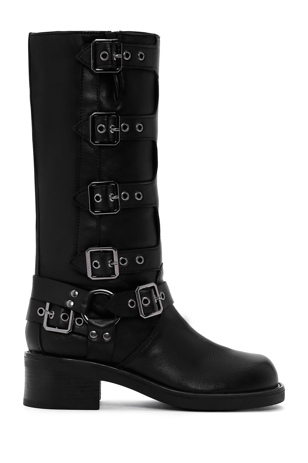 Women's Black Buckle Biker Leather Boots 23WFD193118 | Derimod