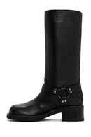 Women's Black Buckle Biker Leather Boots | Derimod