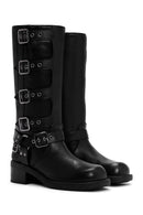 Women's Black Buckle Biker Leather Boots | Derimod