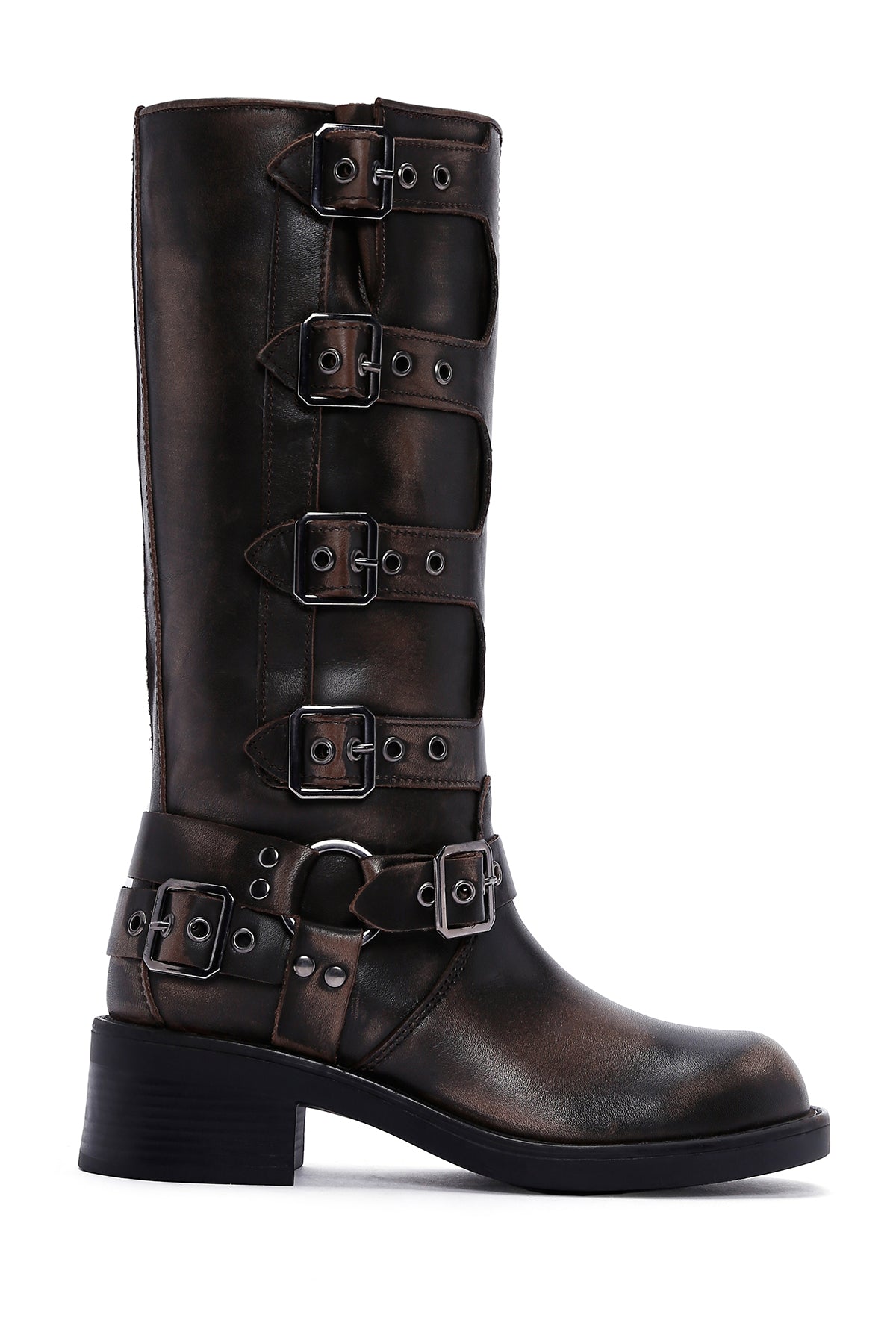 Women's Gray Buckle Biker Leather Boots 23WFD193118 | Derimod