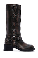 Women's Gray Buckle Biker Leather Boots | Derimod