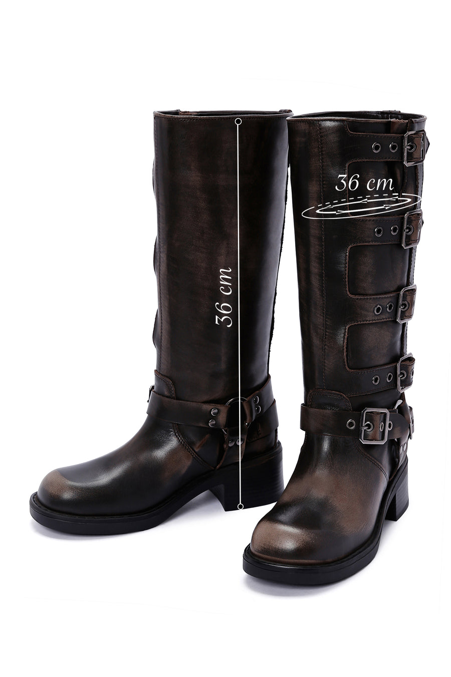 Women's Gray Buckle Biker Leather Boots