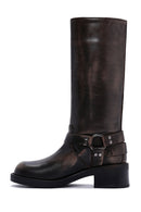 Women's Gray Buckle Biker Leather Boots | Derimod