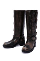 Women's Gray Buckle Biker Leather Boots | Derimod