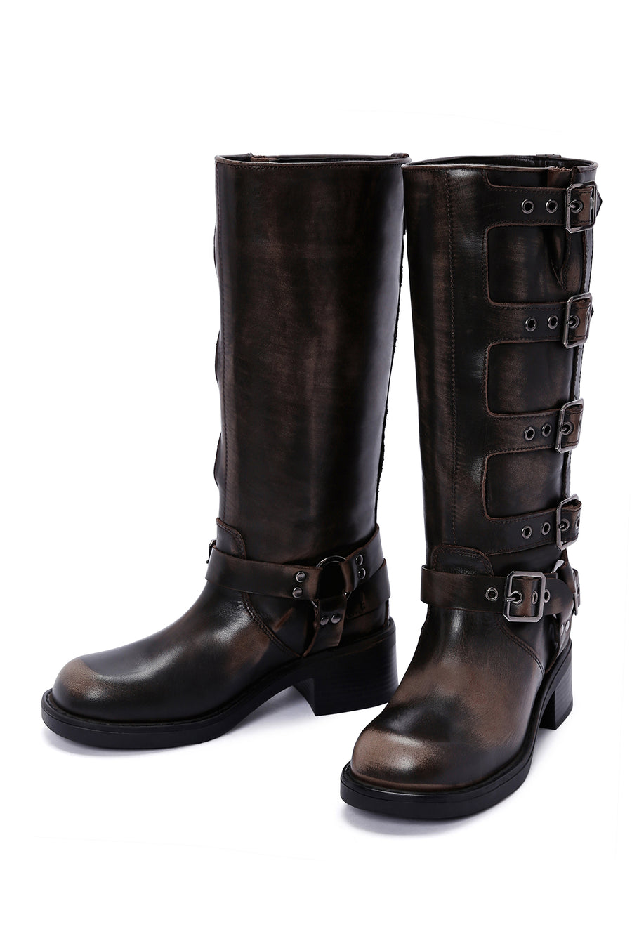 Women's Gray Buckle Biker Leather Boots