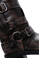 Women's Gray Buckle Biker Leather Boots | Derimod